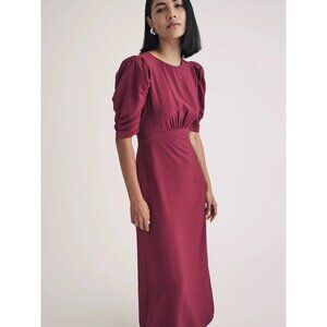 Nobody's Child Evie Women Midi Dress Burgundy Size 10 Puff Sleeve NWT Viscose